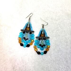Blue Beaded BOHO Statement Dangle Earrings / Pierced